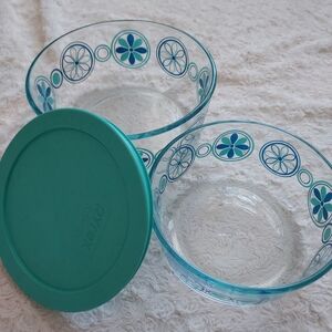 Pyrex Simply Store Decorated Glass Storage Containers Pinwheel 3 Pcs MCM Retro